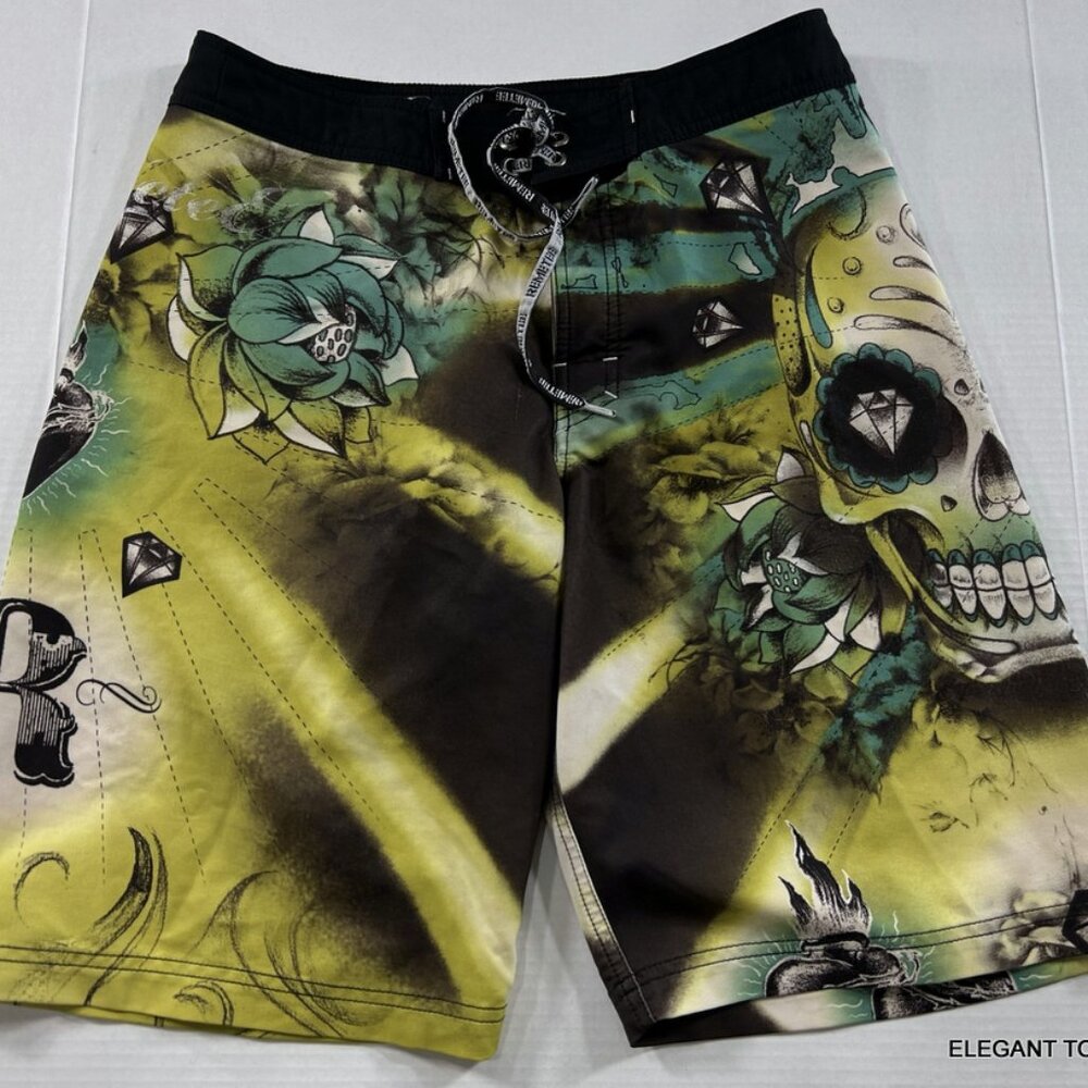 Remetee Gothic Skull Swim Board Shorts Mens 31 Drawstring Waist Green Black Long